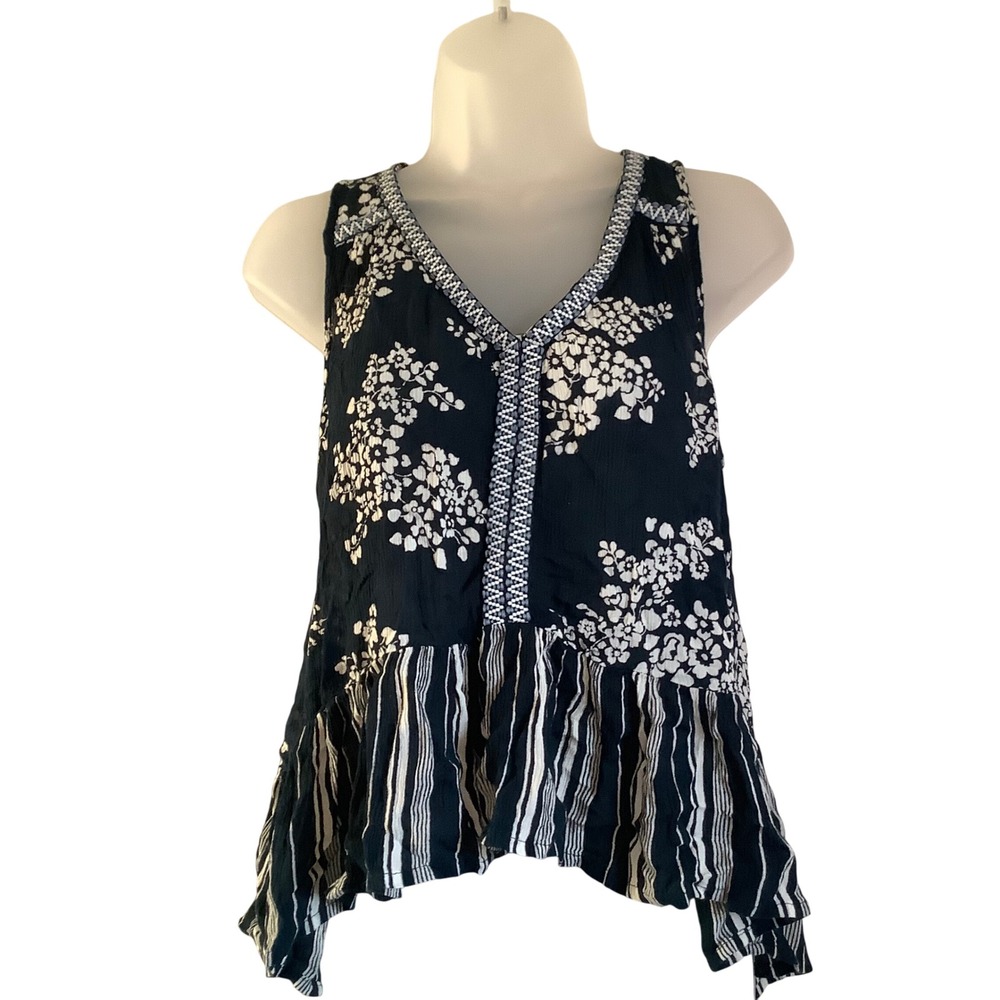 Patrons of Peace Navy Floral Stripe Embroidered V-Neck Peplum Tank Top Small